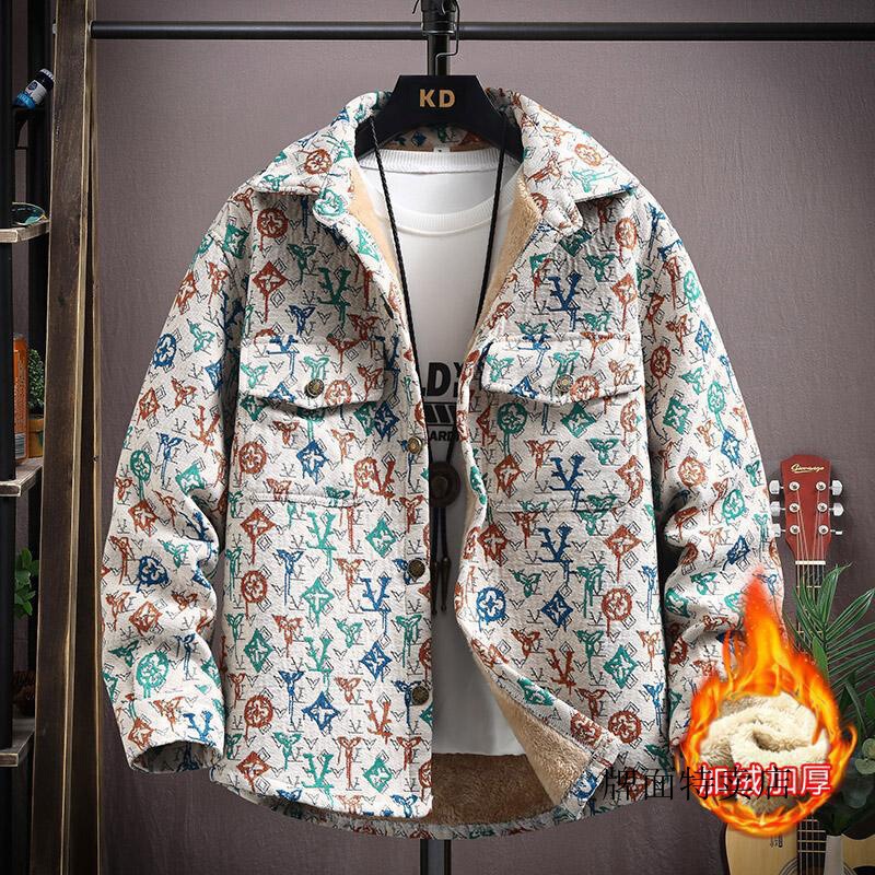 Fleece-lined thick Jacquard yarn-dyed autumn and winter Korean style shirt men's ethnic style loose top casual coat Fleece-lined thick Jacquard yarn-dyed autumn and winter Korean style shirt men's ethnic style loose top casual coat