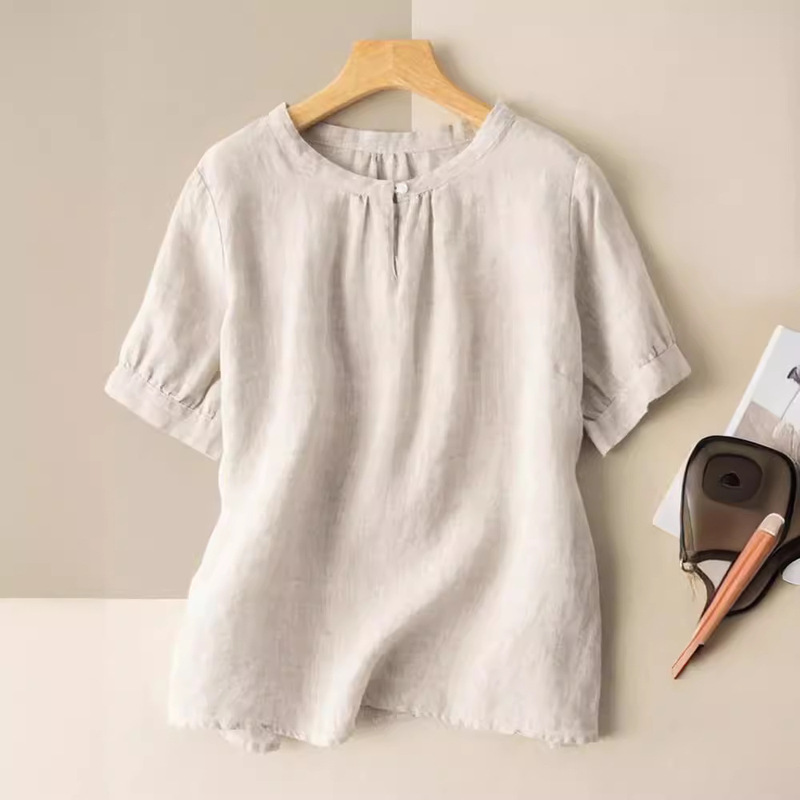 Artistic plus size Casual Cotton Linen Short-sleeved T-shirt Women's Summer Solid Color All-match Loose Slimming Design Crewneck Top Artistic plus size Casual Cotton Linen Short-sleeved T-shirt Women's Summer Solid Color All-match Loose Slimming Design Crewneck Top