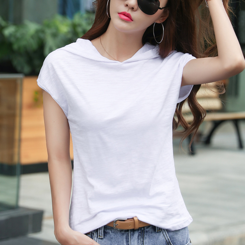 2024 Summer Short Sleeve Hooded Loose Bamboo Cotton T-Shirt Women's College Style Half Sleeve Cotton Bottoming Shirt Letter Print 2024 Summer Short Sleeve Hooded Loose Bamboo Cotton T-Shirt Women's College Style Half Sleeve Cotton Bottoming Shirt Letter Print
