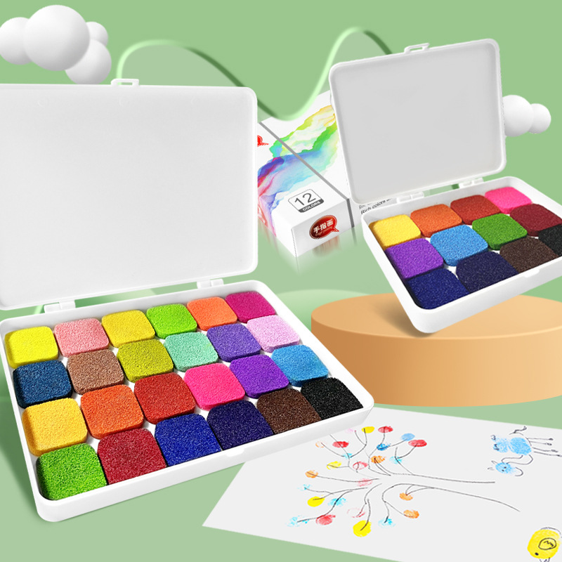 兒童手指畫印泥彩色塗鴉diy印台印泥24色圓盤幼兒園手指顏料印台