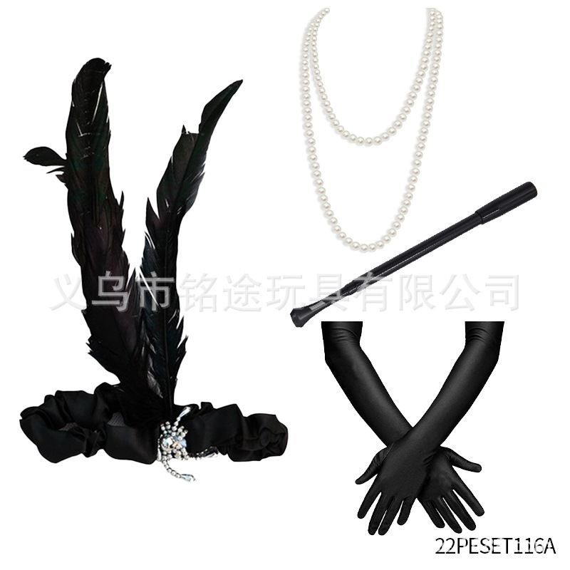 Vintage 1920s FLAPPER niña ropa diadema lana raya guantes de plástico falso tabaco varilla Gatsby traje