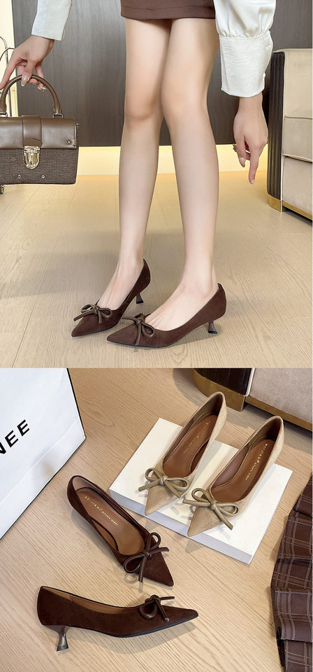 Giày cao gót nữ mũi nhọn gót mảnh thấp cổ điển, thân mềm trang trí nơ, phong cách thanh lịch — màu nâu sô cô la, quần kaki chi tiết 10