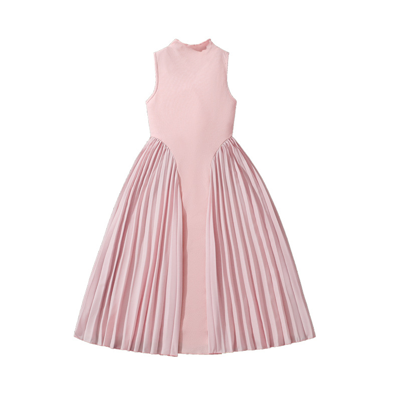 Girls' Elegant Pleated Patchwork Dress With Waist Support Stand Collar Style Summer New Popular Dress For Young Girls 8-16 Years_voghion.com