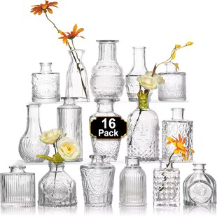 16 Scandinavian Ins Style Glass Vases, Mini Creative Transparent Vases, Simple Ornaments, Desktop Hydroponic Plant Bottles