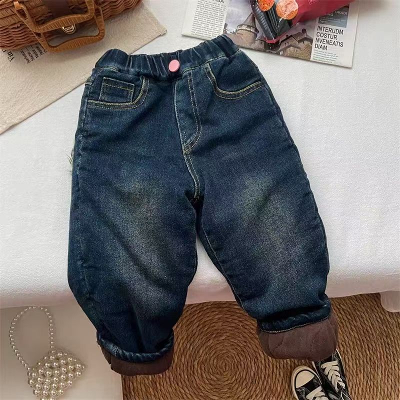 女童男童加绒夹棉牛仔裤冬款小童保暖裤加厚裤子宝宝冬季长裤