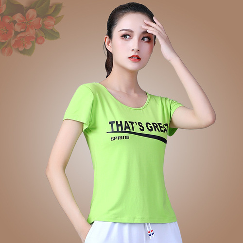 New Square Dance Costume Summer Short Sleeve Sports Casual Ghost Step Dance Print Cotton Fitness Top Team Performance Costume