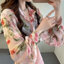 复古微透空调衫防晒衣女衬衣夏新款韩版气质印花灯笼袖雪纺衬衫女