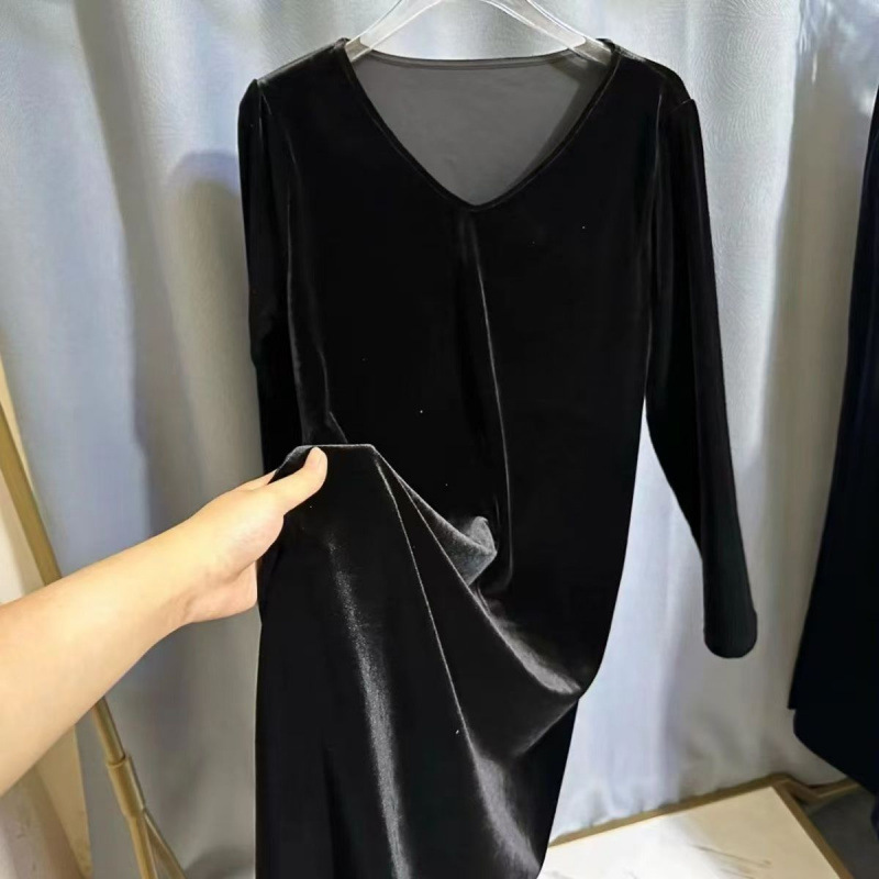 Velvet V-Neck Autumn Dress for Women 2023 New Light Luxury High-End Elegant Black Long-Sleeve Dress for Moms Velvet V-Neck Autumn Dress for Women 2023 New Light Luxury High-End Elegant Black Long-Sleeve Dress for Moms