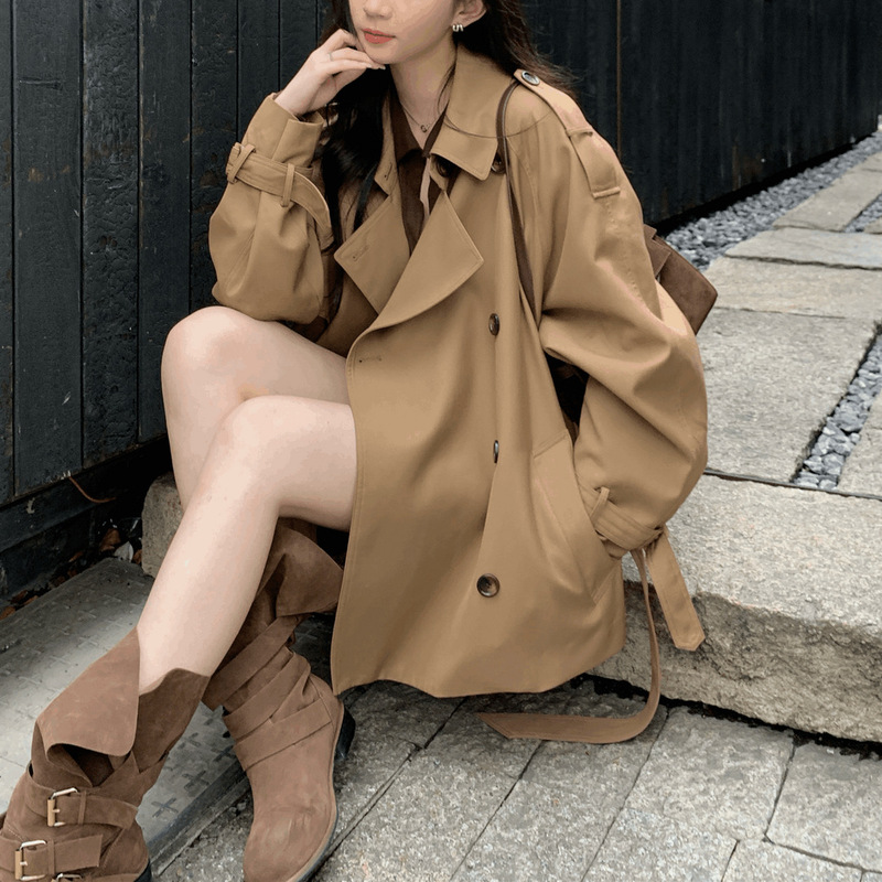 韩系新款2025高级感翻领短款风衣外套女装秋季宽松廓形双排扣外套|undefined
