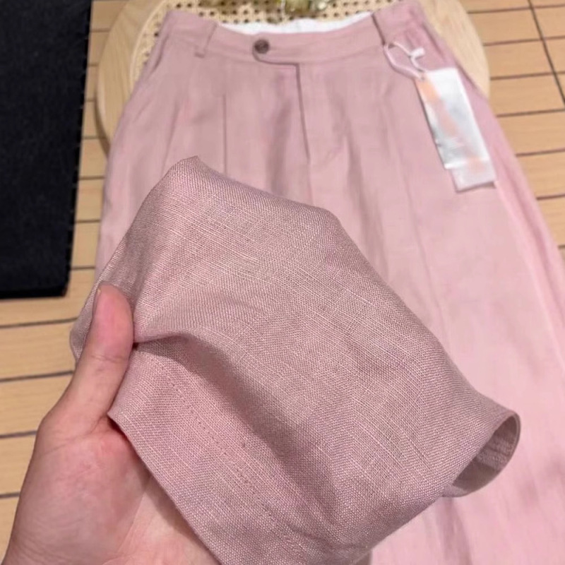 Highly Recommended! Smoke Pink Linen Wide-Leg Pants for Women, Ramie, Petite Size, Slimming, Versatile, Drapey, High-Waisted