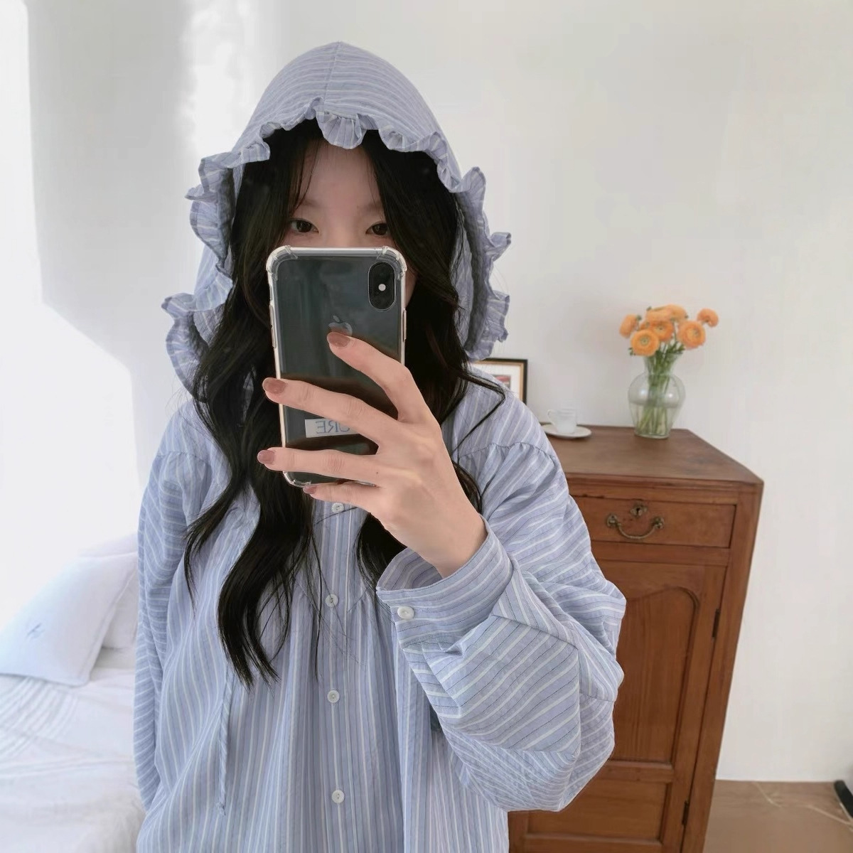 现货 韩国代购东大门25春款连帽花边条纹衬衫