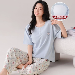 夏季新品女士薄款爽棉短袖长裤套装甜美可爱圆领带胸垫外穿家居服