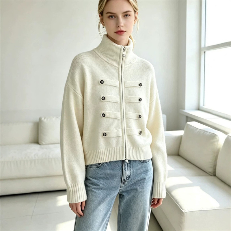 European and American cross-border stand-up collar sweater jacket for women, new autumn and winter loose casual short double-zipper knitted cardigan top European and American cross-border stand-up collar sweater jacket for women, new autumn and winter loose casual short double-zipper knitted cardigan top