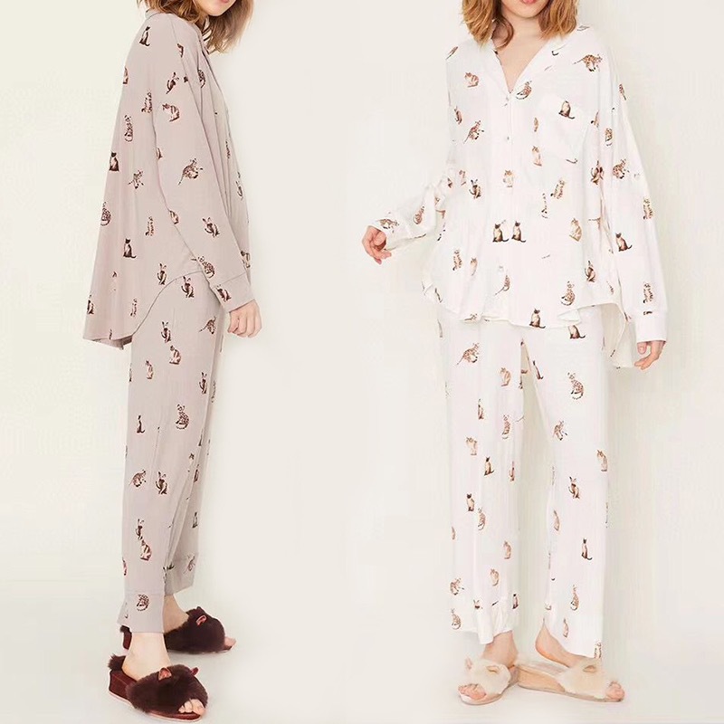 Japanese modal cute cat miocair soft ice cream loose pajamas women's suit sleeves can be drawn