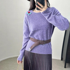 慵懒氛围感花纱全羊毛长袖毛衣女2025秋装新款100%羊毛针织衫上衣