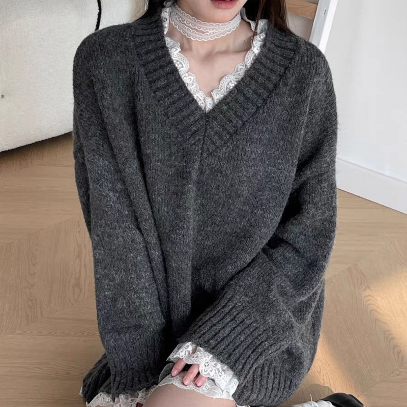 灰色蕾丝边v领套头毛衣女学院风宽松中长款针织上衣|undefined