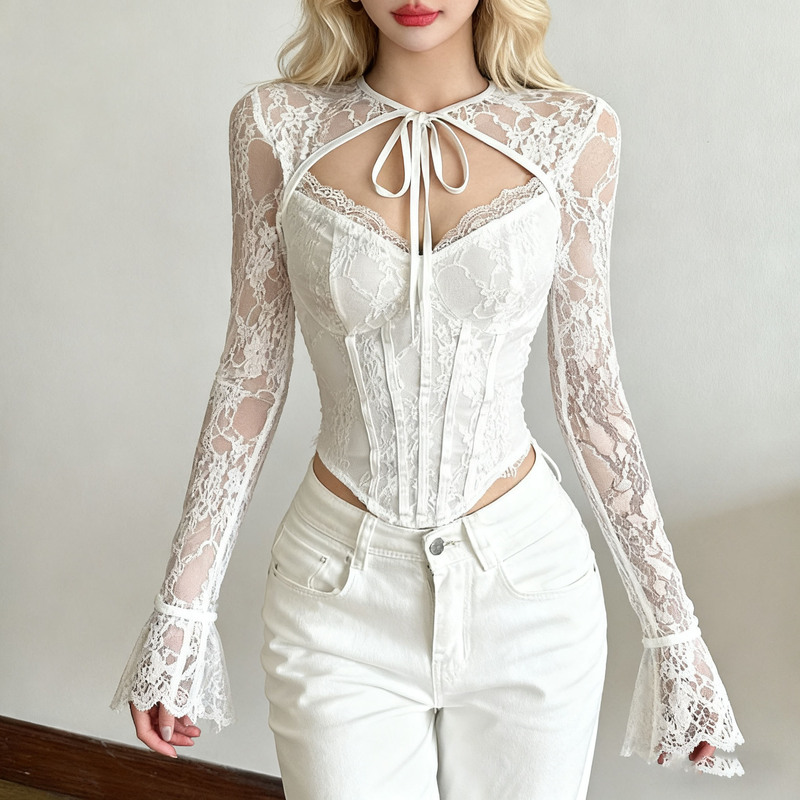 Spring and Autumn Pure Desire Sweet Spicy Girl Hollow-Out See-Through Lace Long-Sleeve Base Shirt for Women with Unique Design, Slim-Fit Short Top Spring and Autumn Pure Desire Sweet Spicy Girl Hollow-Out See-Through Lace Long-Sleeve Base Shirt for Women with Unique Design, Slim-Fit Short Top