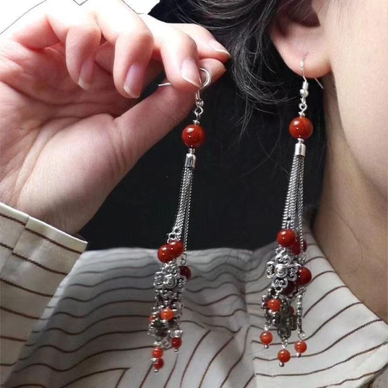 "under the different" Chen Duo with red beaded tassel earrings fashion national style design high sense earrings