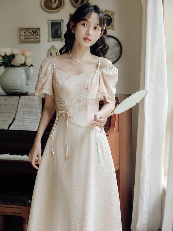 Women's Clothing 2026 Summer New Style New Chinese Style National Style Dress Square Collar Buttoned Print Beaded Long Dress