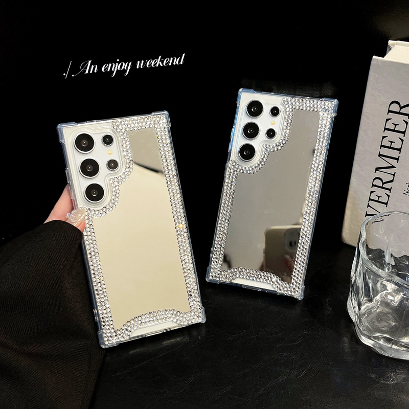 Diamond-Encrusted Makeup Mirror Samsung S26Ultra Phone Case S24Plus Luxury A36 Protective Case A57 Phone Case