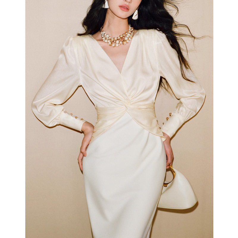French Elegant Wrinkled Shiny Silk Satin Stretch Mickey Hemp | V-Neck Twisted Waistline Slimming dress