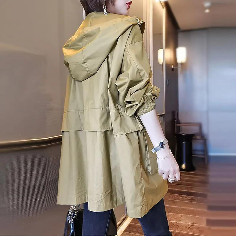 2025 Spring and Autumn Mid-Length Windbreaker Women's Korean Style New Top Fashion Loose Casual Workwear Hooded Tops Foreign Trade