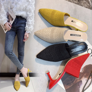 Women's Slippers 2021 New Style Women's Outdoor Retro Half-Slippers Closed-Toe High Heels Stiletto Heels Manufacturer Wholesale Korean Version Retro