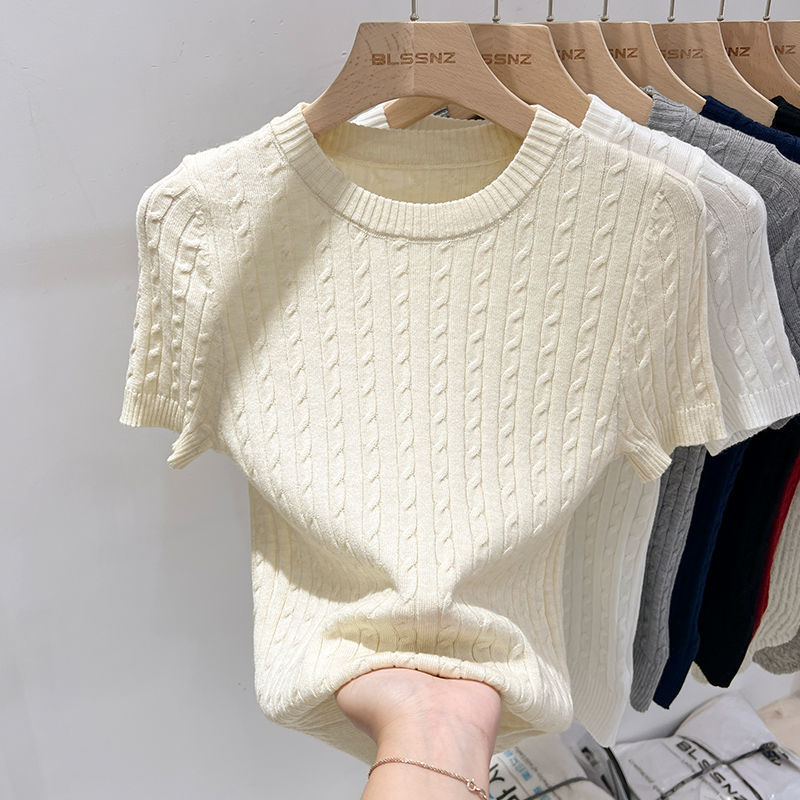 Design apricot knitted summer sweater with a round collar