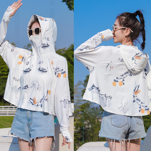 2024 New Ice Silk Sun Protection Clothing Women's Live Broadcast Summer Cloak Anti-UV National Style Printed Ink Painting Sun Protection Clothing