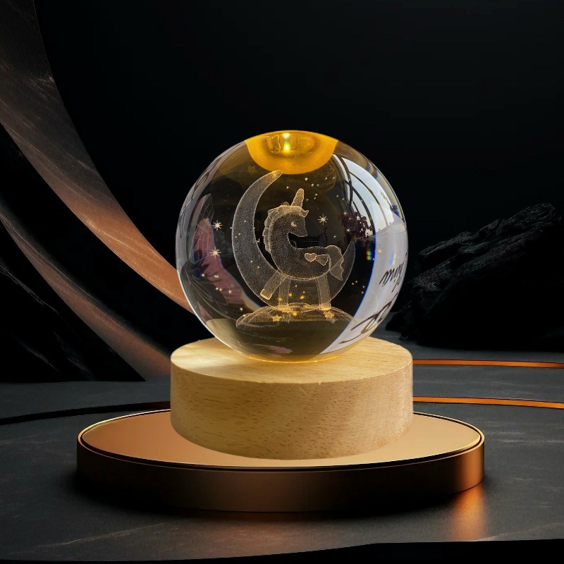 Lámpara de Noche de Cristal con Diseño de Cielo Estrellado 3D, Regalo Navideño, Base Redonda de Madera Luminosa, Lámpara de Mesa, Adorno, Regalo de Navidad