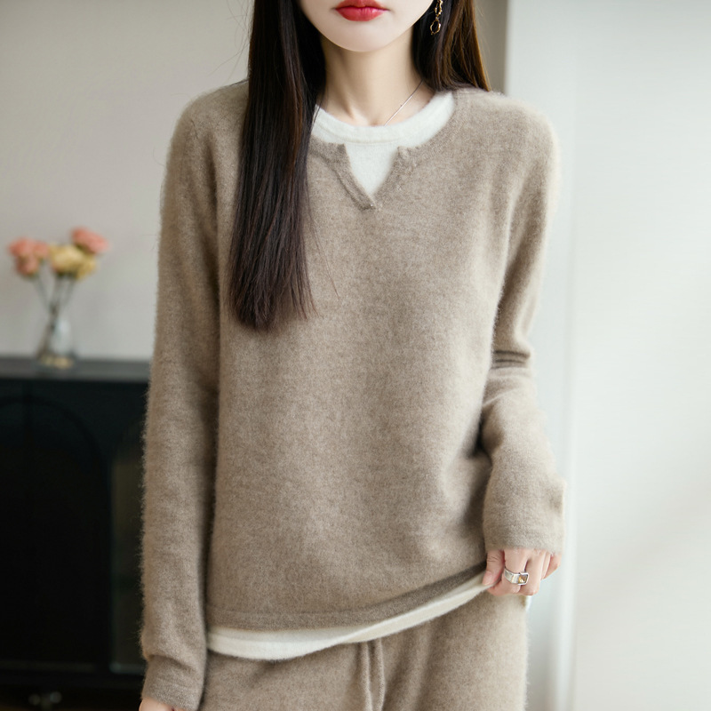 100纯羊毛衫女内搭新款假两件针织拼色毛衣气质女装打底衫上衣|undefined