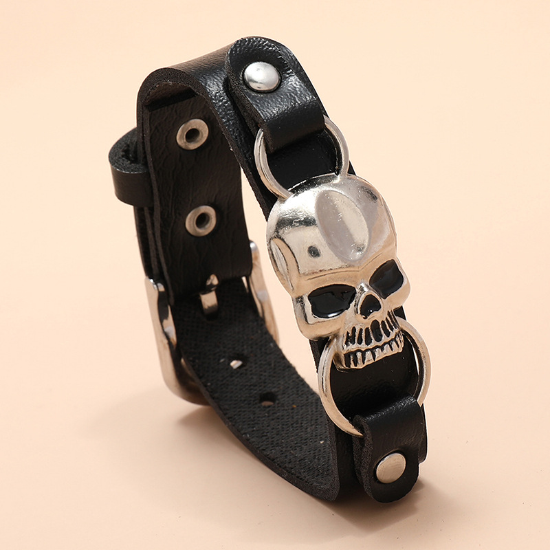 wholesale jewelry punk style skull wide leather bracelet nihaojewelry