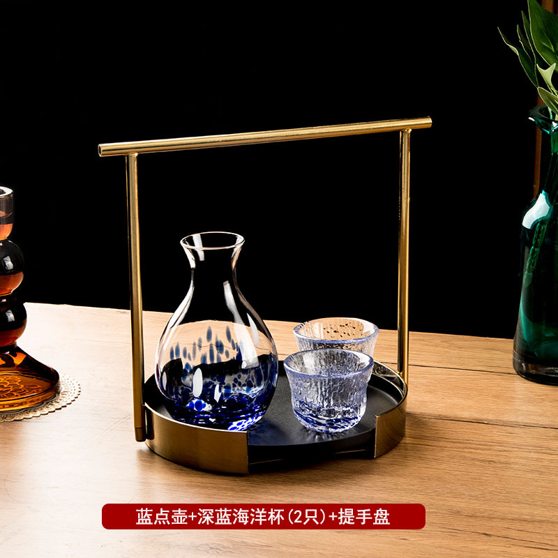 Glossy blue dot pot + dark blue ocean cup (2 pieces) + portable tray