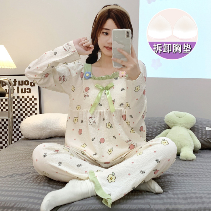 Primavera y otoño nuevo pijamas de las mujeres tejido crepe cuello cuadrado pullover pantalones manga larga con almohadilla en el pecho dulce desgaste del hogar traje