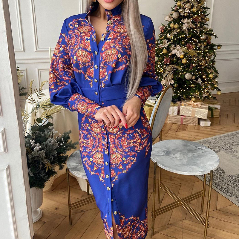Women's Printed Stand Collar Dress With Long Sleeves For Women_voghion.com