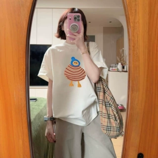 白色纯棉童趣卡通短袖t恤女夏学生宽松设计感小众巨好看ins风上衣