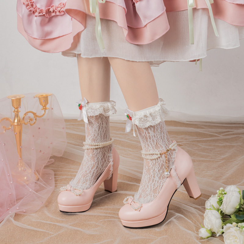 Spring and Summer Style Round-Toe Lace Bow Beaded Lolita Chunky Heel Platform Girl's Shoes with Ultra-High Heels