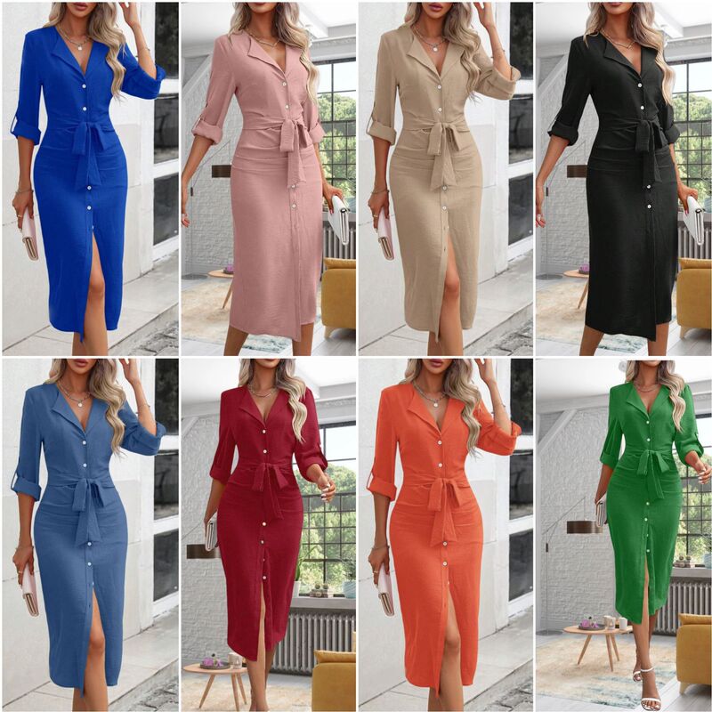 2024 Autumn New European and American Amazon Cross-Border Solid Color Lapel Tie Waist Slit Long Dress for Women with Long Sleeves