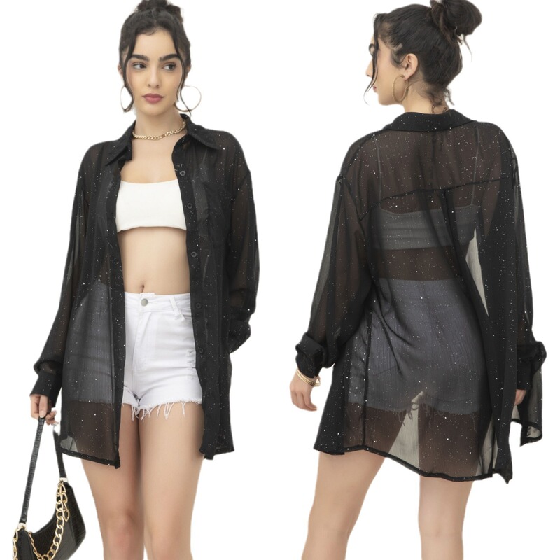 2024 European and American Cross-border Women's Clothing Amazon Hot Selling Fashion Long Sleeve Thin Lapel Sequin Shirt Casual Shirt