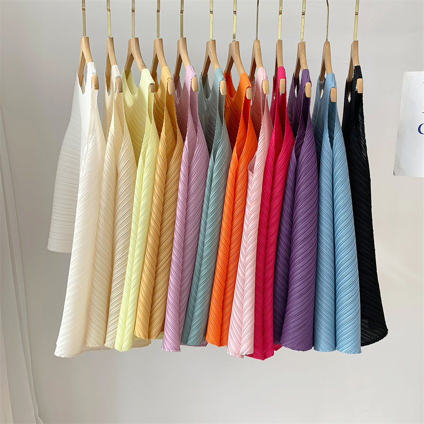 三宅流プリーツトップス レディース イレギュラーTシャツ ラウンドネック ノースリーブ ニッチ 快適 カジュアル ファッション 多用途