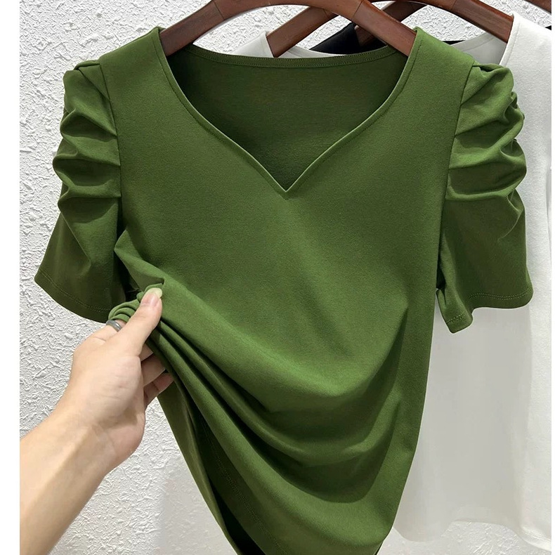 40-Count Threaded Cotton French Puff Sleeve T-Shirt Women's V-Neck Short-Sleeved Summer Women's Slim-Fitting Sweetheart Collar White Top 40-Count Threaded Cotton French Puff Sleeve T-Shirt Women's V-Neck Short-Sleeved Summer Women's Slim-Fitting Sweetheart Collar White Top