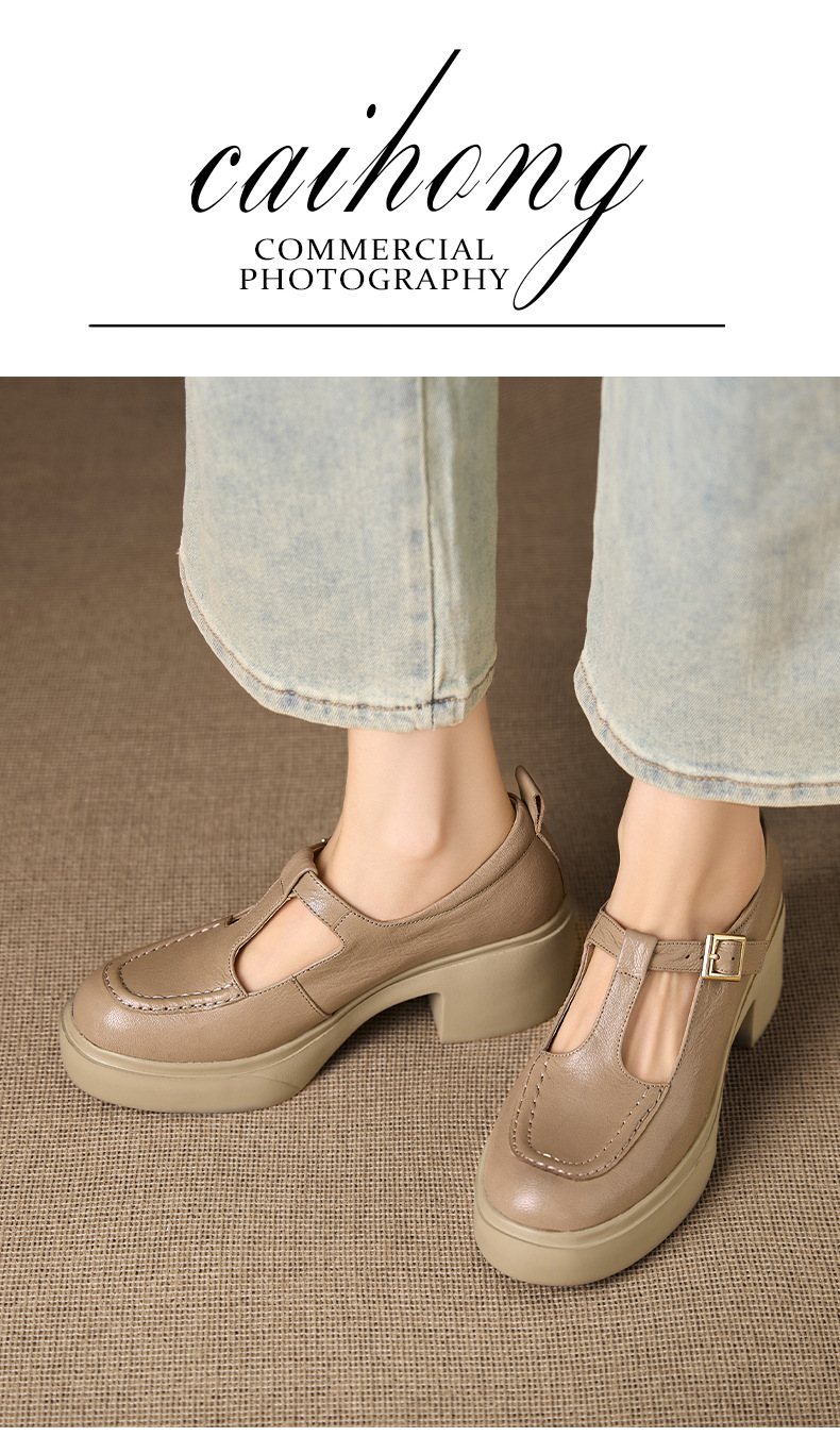 Giày Mary Jane nữ da cừu đế dày gót vuông 6,5 cm quai ngang khóa — đen chi tiết 1