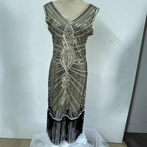 Low-priced clearance European and American Gatsby sequin dress, V-neck ballroom party fringe dress, host evening party stage costume for women