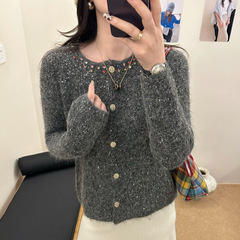 秋季女士设计感灰色针织毛衣开衫外套2025新款女上衣韩系早秋穿搭