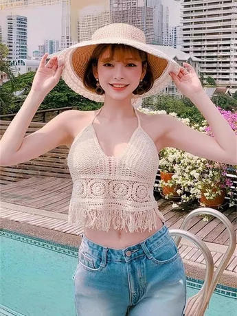 Women's Summer Short Top with Chest Pad Hanging Neck Small Vest with Inner Leaky Shoulder and Backless Hollow-out Tube Top Embroidered Vest