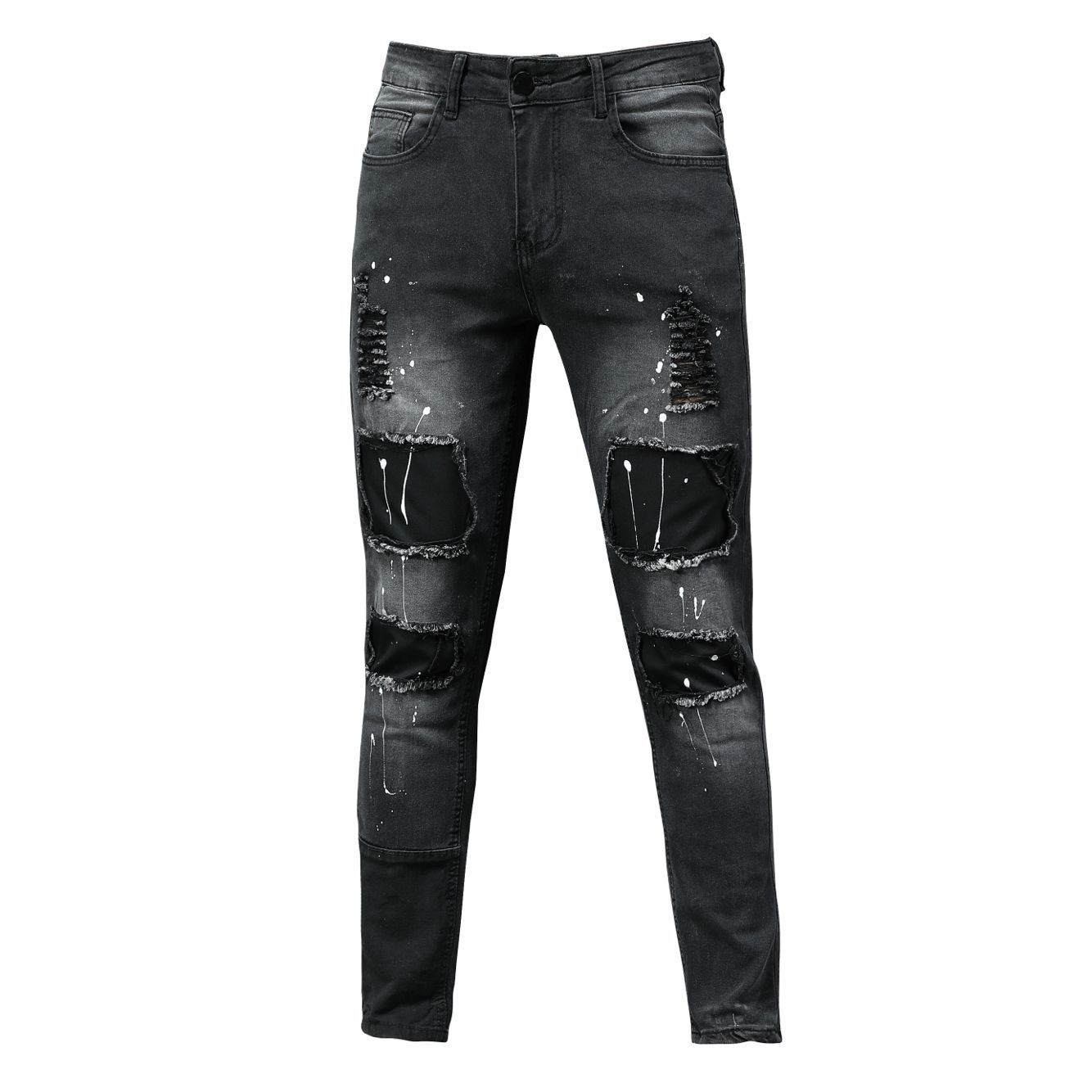 nödställda tryck för män säljs i antal, med klistermärken och elastiska jeans med små ben, ny stil_voghion.com