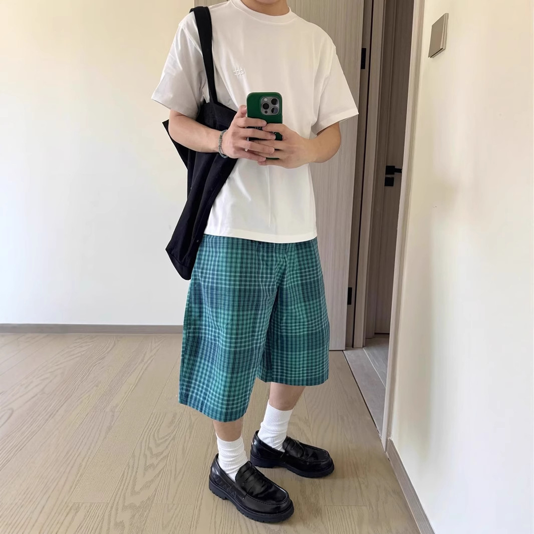 Japanese Style Retro Blue Plaid Shorts Men's Loose Straight Summer All-match Casual Pants Instagram Style for Couple