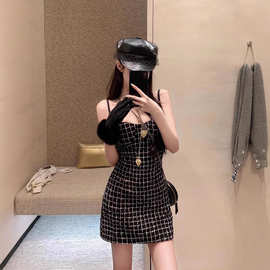 小香风超A少女粉格子修身吊带裙女名媛紧身百搭气质收腰连衣裙子