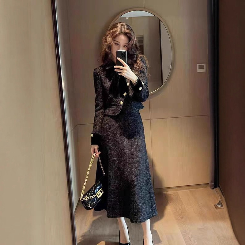 Black Small Fragrance Suit for Women 2025 Autumn and Winter New French Commuter Wear Suit Jacket and Skirt Two-Piece Set