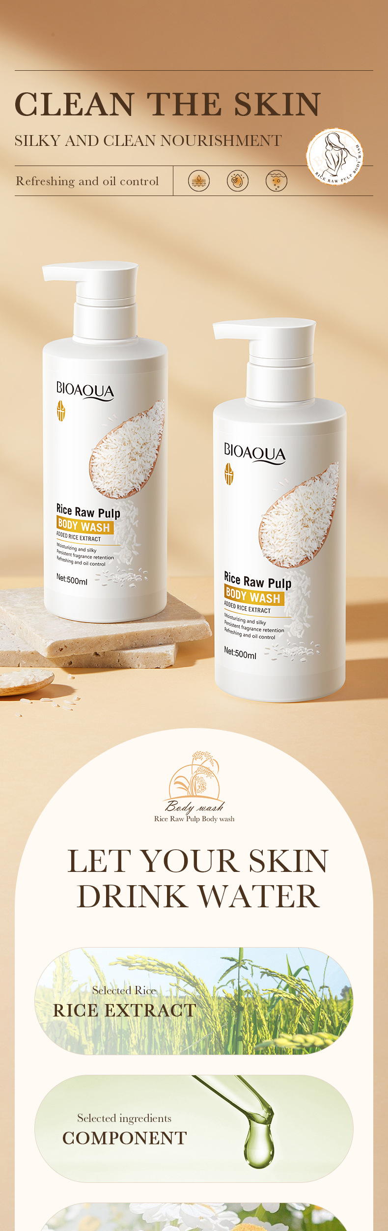 Heißes verkaufendes neues Reis-Rohmilch-Duschgel 500 ml BIOAOUA Körperreinigendes Duschgel auf europäischer Website_voghion.com